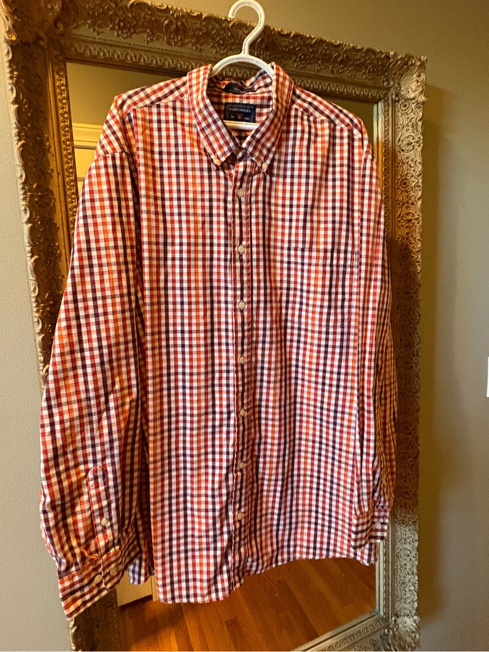 Perfect for embracing fall! 🍁 Saddlebred Orange, Brown & Red gingham men’s shirt